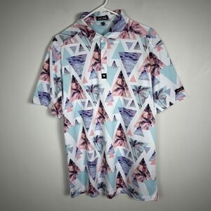 Bad Birdie Short Sleeve Printed Polo Shirt Mens Size XL Palm Tree Pastel Hawaiin